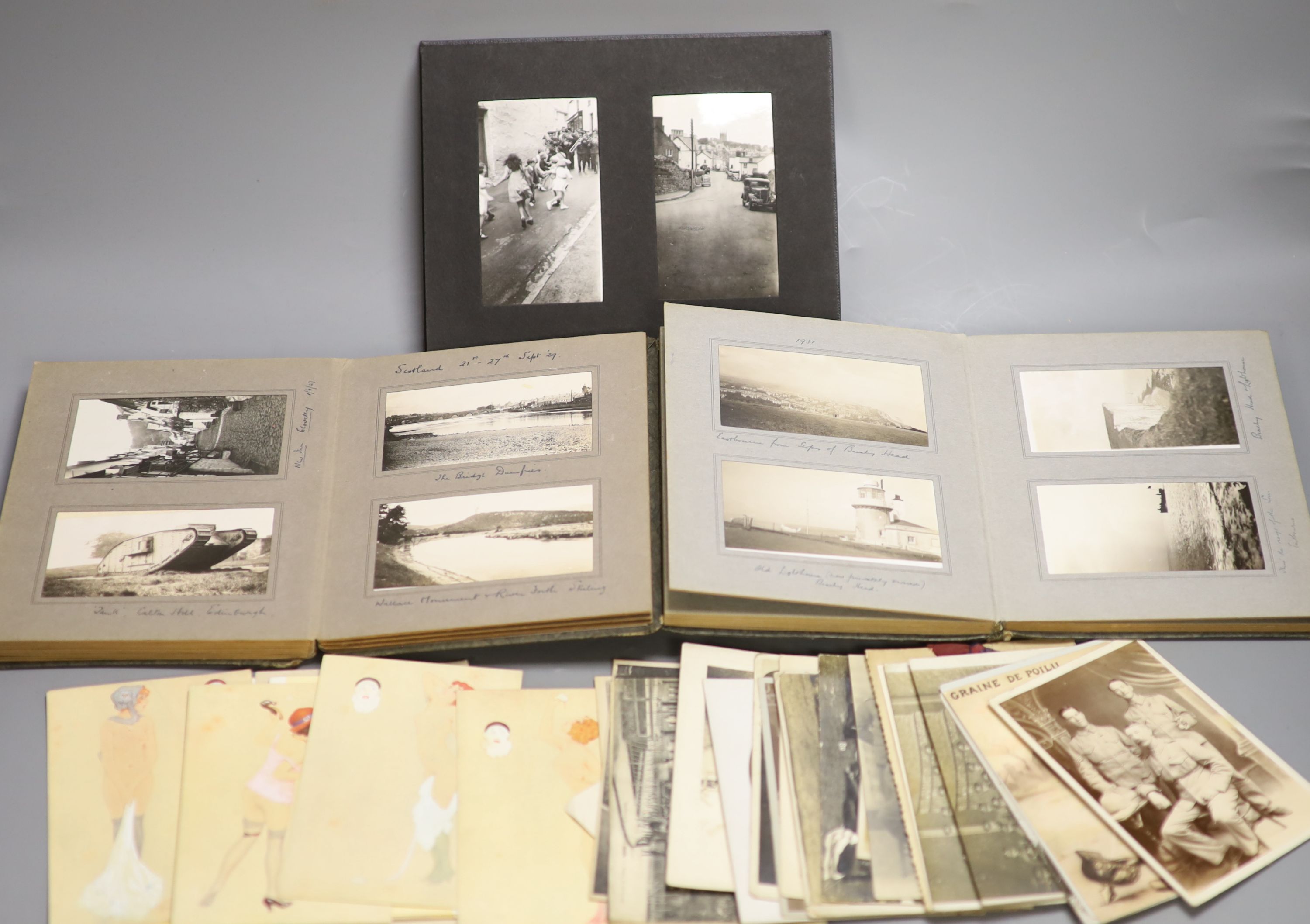 Three albums of photographs and a quantity of postcards inc. erotica.